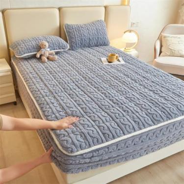 Imagem de Protetor de colchão de veludo quente algodão espesso antiderrapante capa de colchão respirável amigo da pele lençol com elástico cor sólida aconchegante roupa de cama azul ||King: 180 x 200 cm