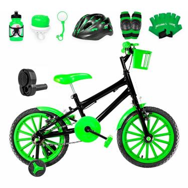 Imagem de Bicicleta Infantil Masculina Aro 16 Nylon + Kit Premium Cor Preta E Verde