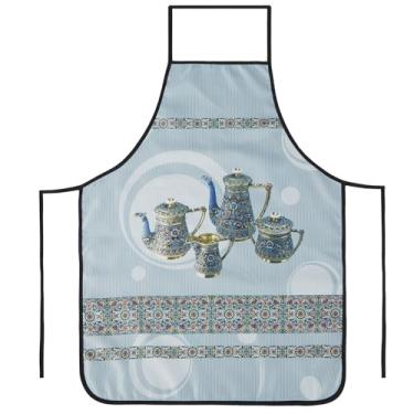 Imagem de Violet Linen Vintage Baking Toile Chefs Padrão Cachet, tecido estampado de poliéster, bules azuis, avental decorativo padrão de cozinha