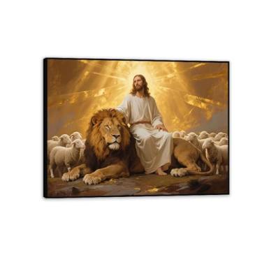 Imagem de Arte de parede de leão cristão leão de Judá tela de cordeiro decoração de parede quadros religiosos pintura arte para igreja sala de estar quarto 40 x 30 cm (16 x 12 pol) moldura preta
