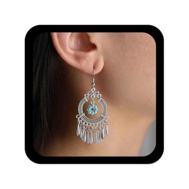 Imagem de Allereyae Brincos de borla de prata Boho Brincos pendentes de lustre tribal brinco étnico turquesa flor brinco de círculo oco joias para mulheres