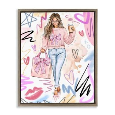 Imagem de Stupell Industries Fashionista com bolsa e café marrom moldura flutuante, arte de parede por Jess Stempel, 53 x 43 cm