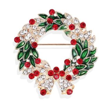 Imagem de Broche de grinalda verde vermelho com strass para mulheres dourado moda cristal esmalte flor guirlanda sinos broches alfinetes de lapela terno colarinho vestido acessórios Natal festival joias