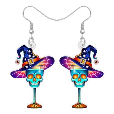 Imagem de LONYOO Brincos de caveira de chapéu de bruxa de Halloween com pingente de acrílico com taças de vinho, joias do Dia dos Mortos, presentes de caveira assustadora para mulheres, fantasias de decoração