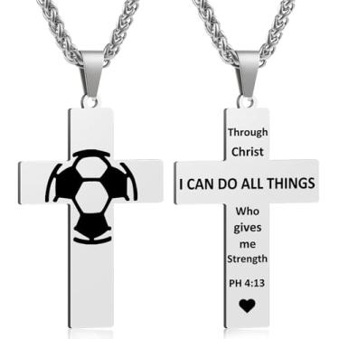 Imagem de Colar masculino com cruz de futebol, versículo bíblico, pingente, presente para aniversário, Natal, batismo, religioso, acessórios de futebol, presentes, Small, Aço inoxidável, Sem Pedra Preciosa