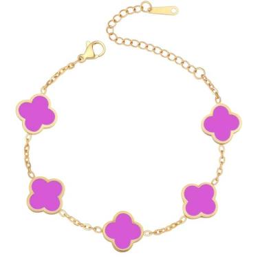 Imagem de iGenztech (Versão resistente) Pulseiras banhadas a ouro 18K para mulheres e homens (dupla face) trevo de quatro folhas, lindo bracelete da sorte moderno (ajustável) serve em pulsos de até 20 cm