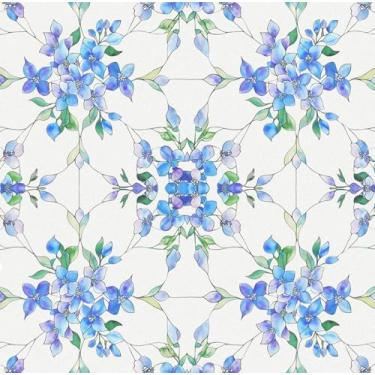 Imagem de Película de privacidade para janela de vitral decorativa para decoração de sala de casa, película de janela fosca com aderência estática, blackout para banheiro, quarto, carro (flor de hortênsia azul