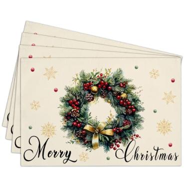 Imagem de Conjunto de 4 jogos americanos Merry Christmas, tapete de jantar, de algodão, linho, à prova d'água, grinalda, tecido para decoração de Natal, férias, cozinha, jantar, mesa, lavável, limpável, 014