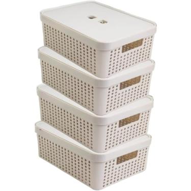 Imagem de Caixa Organizadora Rattan com Tampa Invisível 11,5L – Multiuso para Gavetas, Casa, Cozinha e Armário(Bege 4 UN)