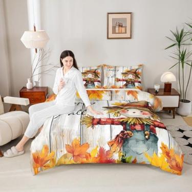 Imagem de Manfei Conjunto de edredom Hello Fall tamanho casal, desenho animado de espantalho e folhas de bordo, 3 peças, com tema de outono para todas as estações, decoração de quarto de meninos e meninas, 2