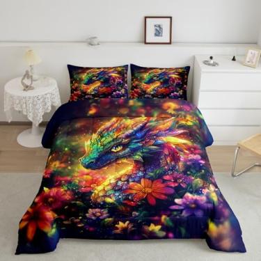 Imagem de Feelyou Conjunto de edredom com dragão brilhante, tamanho king, para meninos, meninas, adolescentes, vida selvagem, conjunto de edredom para decoração de quarto, conjunto de colcha multicolor