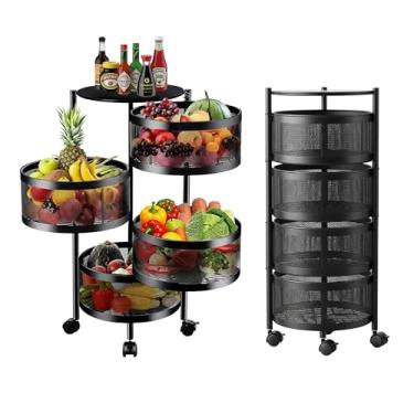 Imagem de Carrinho Organizador Multiuso 4 Andares Redondo Fruteira em Aço Carbono - Cestos Giratórios, Rodas com Trava, Montagem Rápida, Para Cozinha, Banheiro e Escritório