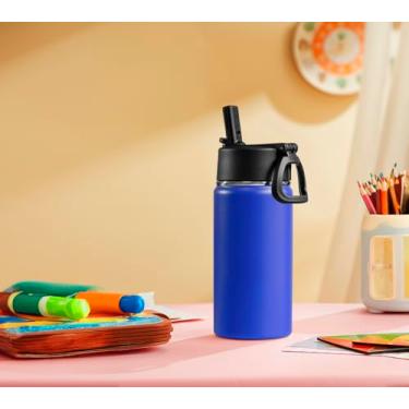 Imagem de Garrafa de água azul-marinho de 340 g com canudo - Garrafa esportiva isolada a vácuo de parede dupla de aço inoxidável com bota de silicone, para meninos e meninas