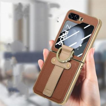 Imagem de Capa de couro para celular para Samsung Galaxy Z Flip 5 Flip5 Flip4 Flip 4 5G Proteção contra quedas Capa de filme de vidro temperado, marrom, para Samsung Z Flip 5