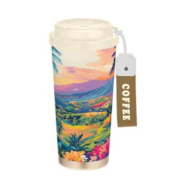 Imagem de SEHANY Caneca de viagem com palmeira de verão, 482 g, copos de café reutilizáveis revestidos de cerâmica com tampa à prova de vazamento, parede dupla, isolamento a vácuo, copo de café de aço