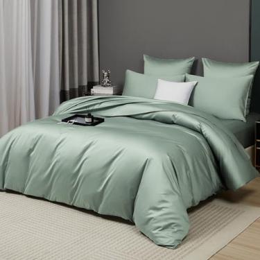 Imagem de YASMENG Conjunto de capa de edredom de cetim 100% algodão de fibra longa verde sálvia tamanho Queen 3 peças de luxo 600 fios algodão puro orgânico durável qualidade hotel conjunto de cama macio sedoso