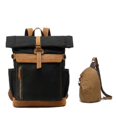 Imagem de Mochila Vintage De Lona Encerada Com Detalhes Em Couro E Bolsa De Peito De Lona Encerada | ImpermeáVel Para O Dia A Dia, Viagens E Atividades Ao Ar Livre.