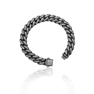 Imagem de Qing Birdee Pulseira de corrente de elos cubanos de luxo, pulseira de tênis de aço inoxidável de 12 mm com zircônia pavimentada, prata, preto, dourado, azul, 21 cm de comprimento, One Size, Aço