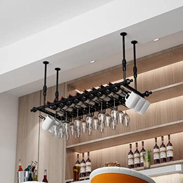 Imagem de Rack de vinho suspenso industrial, rack de armazenamento de taças de teto ajustável, rack de vinho de metal com gancho de vidro, rack de exibição de taças, prateleiras de decoração de casa vintage 120