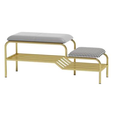 Imagem de Banco de sapateira de metal de 2 camadas com almofada - Organizador de armazenamento de entrada elegante para sala de estar e corredor, disponível em opções de 80 cm/100 cm/120 cm, laranja/cinza