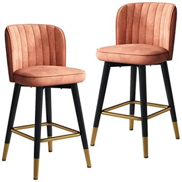 Imagem de Cadeira alta giratória de veludo encosto banco de bar 2 peças, banco de bar de recepção de balcão de cozinha doméstico com pernas pretas e apoio para os pés cromado dourado (tamanho: 55 cm, cor