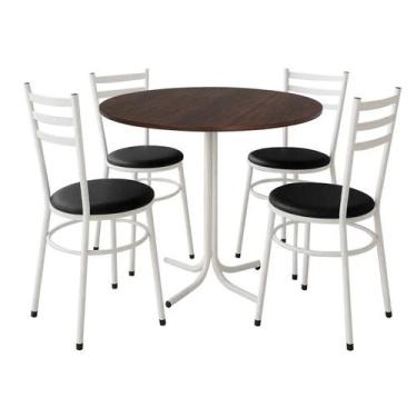 Imagem de Mesa de Jantar Redonda 80cm Imbuia Com 4 Cadeiras Estofada Branca - La