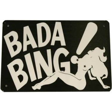 Imagem de Placas de metal em estanho Sopranos Bada Bing quadro de parede vintage pendurado placa de metal pôster retrô arte bar loja decoração de casa 20 x 30 cm (preto)