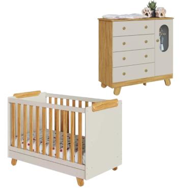 Imagem de Kit Quarto De Bebê  Berço Com Cômoda Pingo Off White/Amêndoa