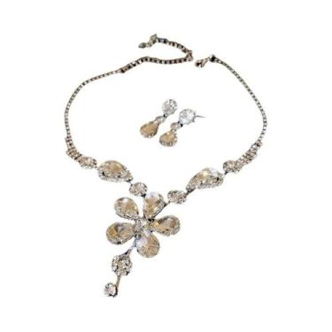 Imagem de Conjunto De Colar E Brincos De Flor Com Grandes Strass Para Mulheres, 