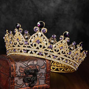 Imagem de Coroa de rainha de ametista e tiara para mulheres e meninas, fantasia de coroa de princesa barroca redonda com strass para casamento, aniversário, festa de formatura, concurso de Halloween