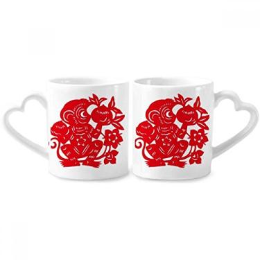 Imagem de Conjunto de canecas de porcelana para casais, flores chinesas, corte de papel, macaco do zodíaco, coração