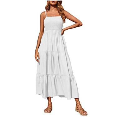 Imagem de Vestidos sem mangas sem alças para mulheres de linho maxi longo praia vestidos franzidos havaianos vestidos de sol femininos, J-066 Branco, 4G