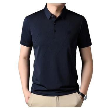 Imagem de Camisa polo masculina lisa listrada de seda gelo manga curta lapela botão Goout Shirt Moisture Buisness, Azul-escuro, M