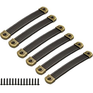 Imagem de Puxadores de gaveta de couro com capacidade de rolamento aprimorada de chapa de ferro, 6 peças Sinyiol puxadores de armário caixa de presente Puxadores de couro com parafusos de rosca (distância do