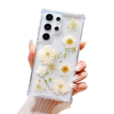 Imagem de Lewrtser Capa para celular compatível com Samsung Galaxy S23 Ultra, fofa, prensada, seca, flores reais, design feminino, à prova de choque, com glitter, floral, transparente, S23 Ultra (flor branca)