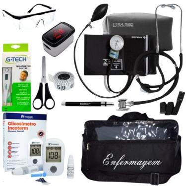 Imagem de Kit de enfermagem com esfigmo esteto medidor de glicose oxímetro e bol