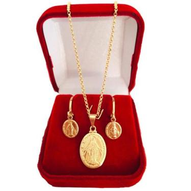 Imagem de Kit Colar E Brinco Medalha N Senhora Das Graças Banhada Ouro 18k - Din
