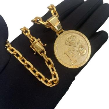 Imagem de Cordão Cadeado 8mm + Pingente Fé - Banhado a Ouro - ToJoia18k, 70cm