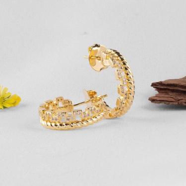 Imagem de Brinco Argola Torcida Com Detalhes Em Zircônia Banhado a Ouro 18K - LB