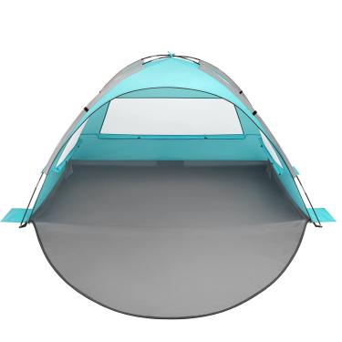 Imagem de Oileus Barraca de praia portátil para 2 a 3 pessoas, proteção UV, tela de ventilação estendida enrolada para janelas com 6 bolsos de areia para pesca, caminhadas, acampamento, azul celeste