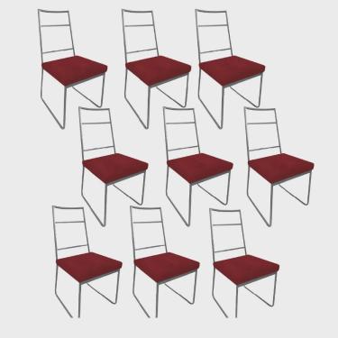Imagem de Kit 09 Cadeiras Sala de Jantar Escritório Office Stark Industrial Ferro Prata Suede Vermelho - Ahz Móveis