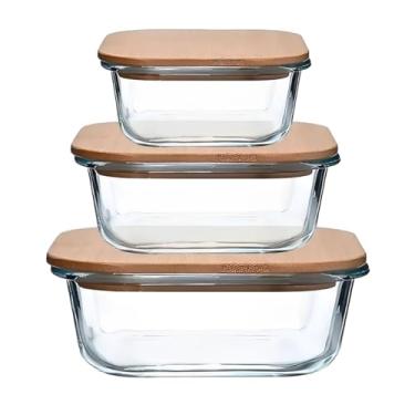Imagem de Kit Pote Hermético 3 Pçs Vidro Tampa Bambu 320ml 500ml 800ml