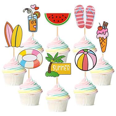 Imagem de Cyodoos 48 peças de verão praia Havaí cupcake toppers melancia gelo grito palmeira prancha de surf piscina bola chinelo palhetas de cupcake chá de bebê tema de verão festa de aniversário decorações de