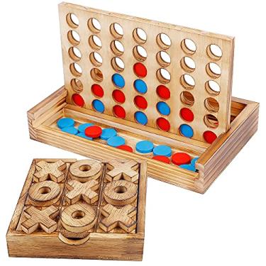 Imagem de Glintoper Conjunto de jogos Tic Tac Toe e 10 cm em fileira, 4 jogos de tabuleiro clássicos para decoração de mesa rústica e para sala de estar, para decoração de mesa e uso como jogo de madeira para quartos de hóspedes