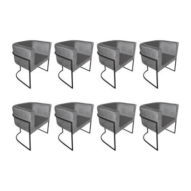 Imagem de Kit 8 Poltronas Decorativa Sala De Estar Base De Ferro Preta Veludo Cinza