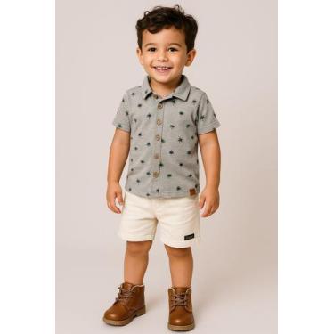 Imagem de Conjunto Masculino Verão Camisa Folhagem e Bermuda Infantil Roupa De M