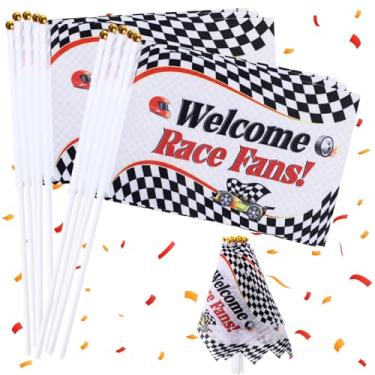 Imagem de Outus 30 peças de bandeiras de carro de corrida decorações de festa de corrida sinal de fãs de corrida preto e branco xadrez mini bandeiras portáteis para carro de corrida festa de aniversário