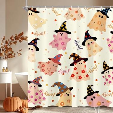 Imagem de Cortina de chuveiro colorida Halloween Boo assustadora linda flor fantasma infantil decoração de banheira
