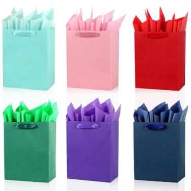 Imagem de Pacote com 6 sacos de presente arco-íris médios 20,3 x 12,2 x 24,9 cm com papéis de seda, sacos de papel multicoloridos com alças de fita, conjunto de embalagem de varejo para todas as ocasiões