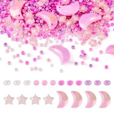 Imagem de Spritewelry Kits de pulseiras de contas DIY 60 g contas de vidro 20 peças arco-íris iridescente acrílico lua pingentes 25 peças contas de acrílico para fazer joias faça você mesmo pulseira colar rosa